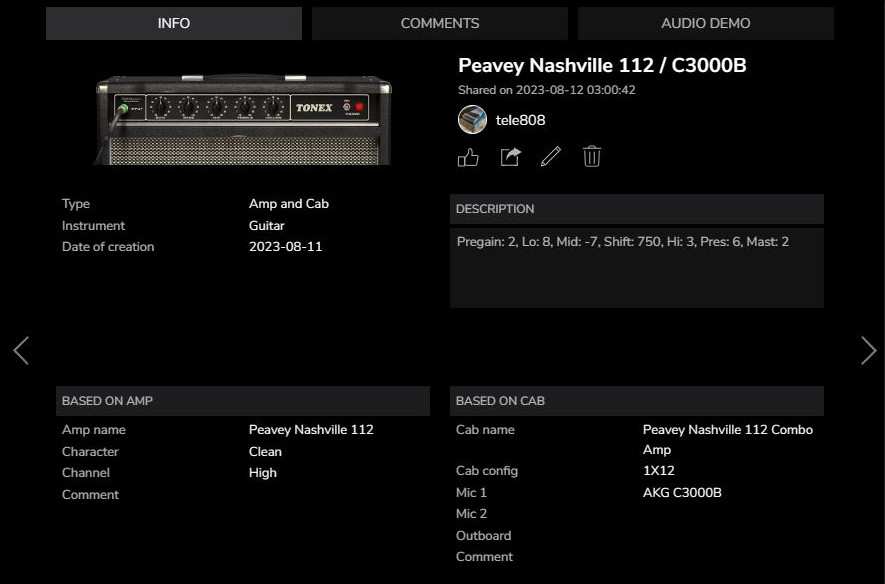 TONEX settings for Peavey Nashville 112 tone model