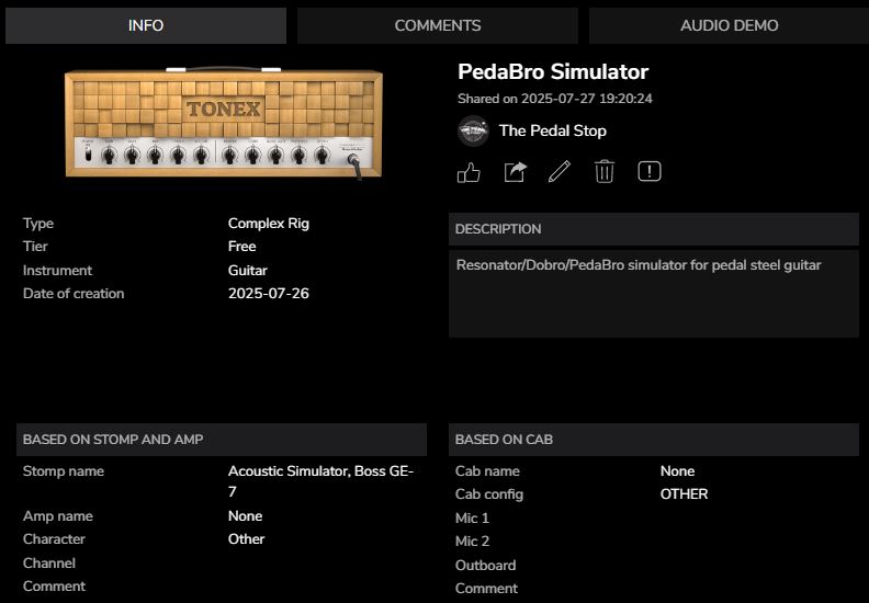 TONEX settings for my PedaBro Simulator tone profile
